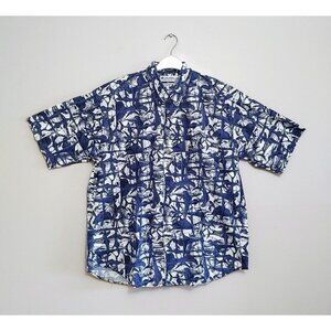 Columbia Button Down Shirt Fishing All Over Print Short Sleeve  Blue White